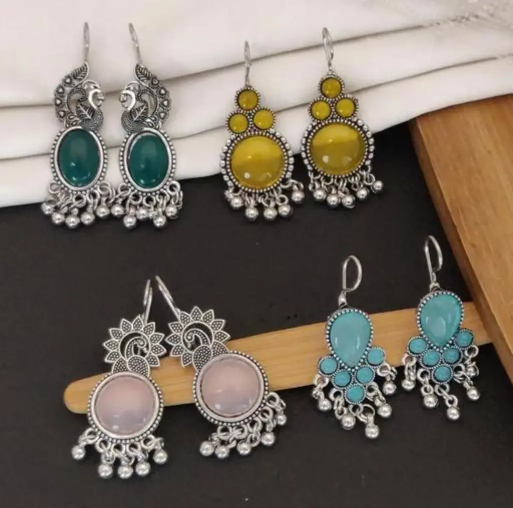 Combo 4 Pair New Letest Design Drop & Dangle Hoop Jhumki Oxidised Silver Earrings